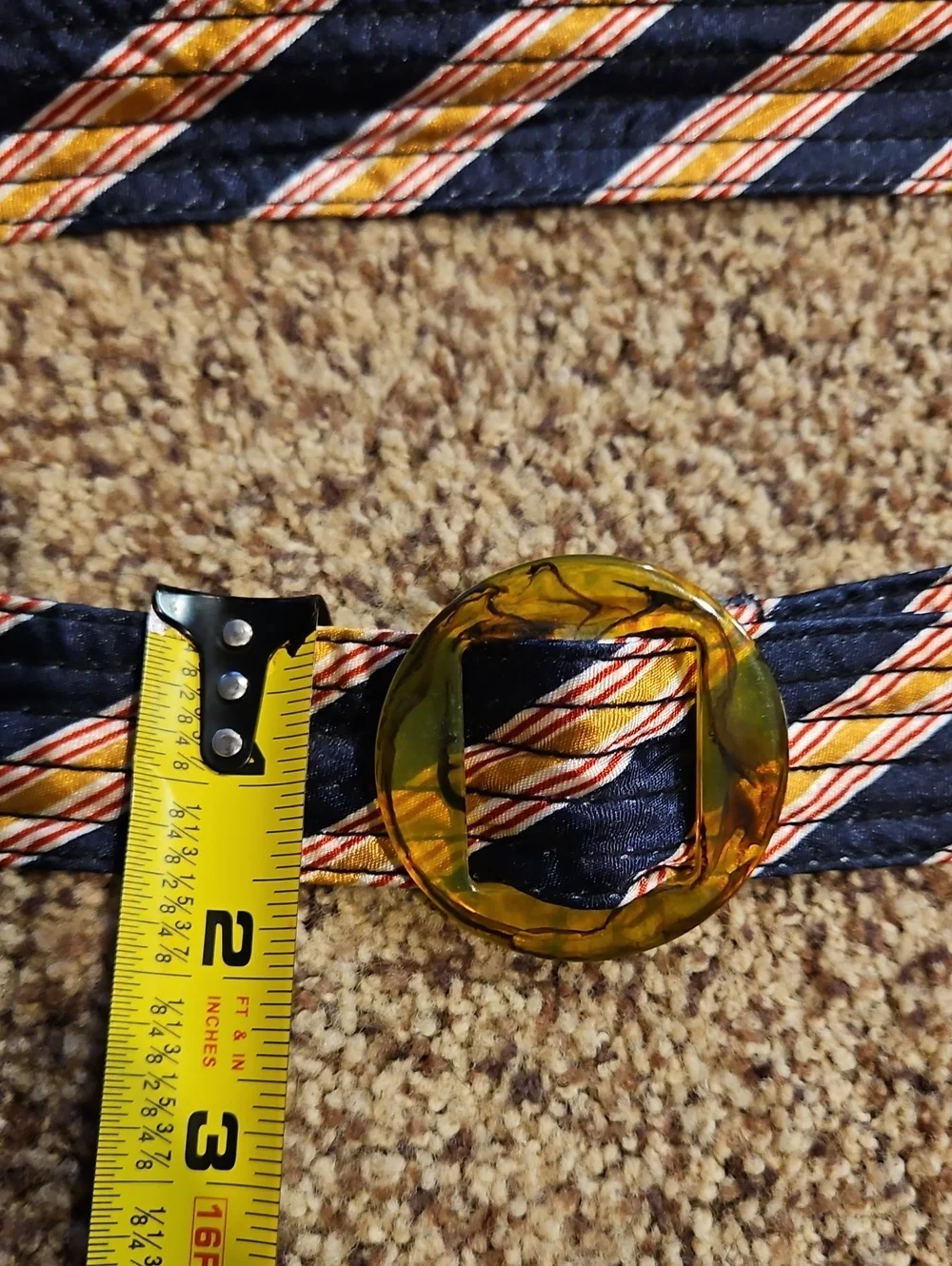 Striped Navy and Gold Women's Fabric Belt with Tortoiseshell Buckle